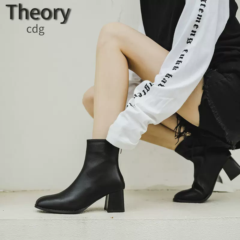 Theory CDG代购~法式高级感秋冬新款骑士靴女白色高跟短时装靴女-Taobao