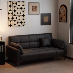 Puff Sofa, Black Leather Sofa, Foldable, Modern Minimalist Living Room, Straight-Row Three-Seater, Small Apartment