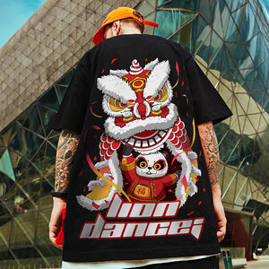 Wake -up lion short -sleeved male lion dance T -shirt tide brand men's large size Chinese style panda national tide half -sleeved trend couple summer
