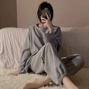 
2026 new pure cotton spring and autumn pajamas for women with long sleeves and can be worn outside casual waffle sports home wear set
