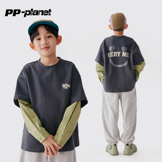 
PP Planet children's fake two-piece long-sleeved T-shirt for large children in spring and autumn new style boys' casual contrasting color sweatshirt T-shirt