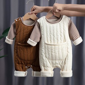 
Infant down cotton overalls plus velvet autumn and winter newborn split one-piece boys and girls clothing set