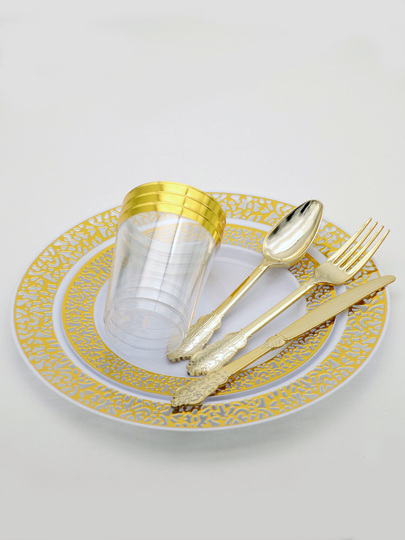 YOUBET ゴールドプラスチックプレート 350枚 - 使い捨てホワイトとゴールドプラスチックプレート プレート100枚 ロールナプキン50枚 ゴー＿並行輸入品 クリアブループラスチックプレート 350枚 50人用 ゴールドトリム付き