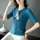 Tight T-shirt for women's summer mid-sleeved 2025 new bow scarf collar blue slim temperament high-end high-waist top