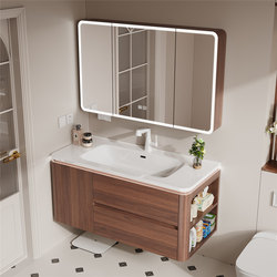 Medieval-Style Walnut-Colored Solid Wood Bathroom Cabinet Set with Integrated Ceramic Basin, Bathroom Sink, Smart Mirror Cabinet Set