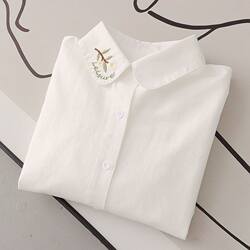 2026 Spring and Autumn New Style Petite White Shirt for Women, Loose Fit, Embroidered, High-End Feel, Brushed Pure Cotton Base Shirt