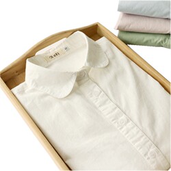 Spring and Autumn Artistic Style Petite Pure Cotton White Shirt for Women, Long-Sleeved Professional Inner Wear with Doll Collar, High-End Feel, Round Neck