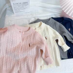 
Boys and girls 2026 new spring and autumn embroidered sweater twist cardigan baby girl solid color knitted soft waxy jacket
