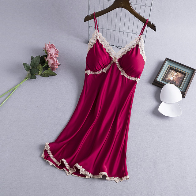 TrendAura Cooling Ice Silk Backless Red Lace Patchwork Nightdress For Women Seductive Mini Pajama