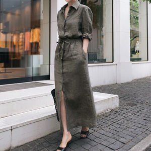 
New linen dress loose large size long sleeve shirt temperament college style elastic high waist slimming over-knee long skirt