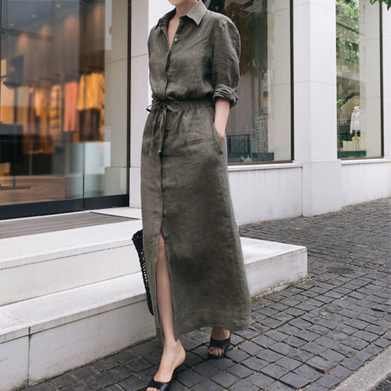 
New linen dress loose large size long sleeve shirt temperament college style elastic high waist slimming over-knee long skirt