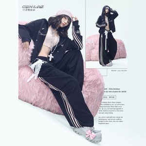 CBXLAB hip-hop trendy brand black pink simple autumn and winter suit with thread retro hot girl long-sleeved jacket slimming casual pants