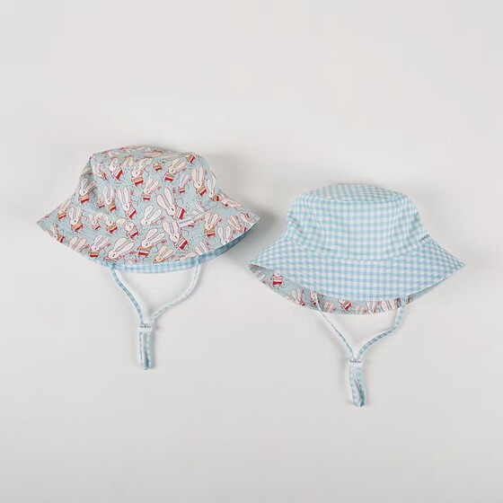 
Pure cotton baby spring and summer hat double-sided sun visor for boys and girls blue plaid cute fisherman hat children's sun visor