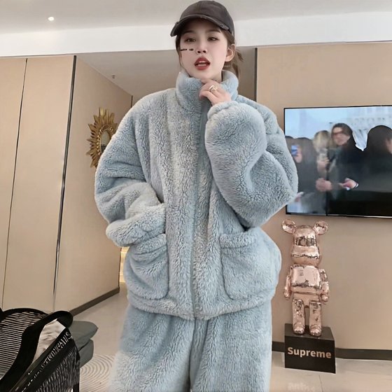 
2025 winter new style stand-up collar plus velvet thickening home wear two-piece warm suit Korean style solid color loose pajamas