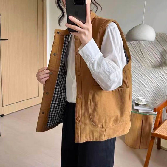 Japanese retro style small loose short cotton vest jacket for women 2025 autumn and winter new loose and versatile vest