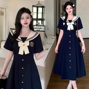 
Large size college style short-sleeved dress for women in summer waist-hugging A-line temperament short skirt fat MM embroidered design skirt