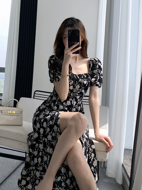 2025 Summer New French Black Floral Ruffled Medium Length Square Neck Dress R0914 main image 0