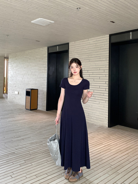 alex stevens solid color slim short-sleeved dress women's holiday long dress summer drape mid-length dress