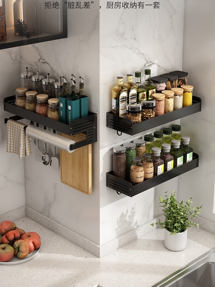 Spetebo Scaffale Da Cucina In Legno E Metallo Con Porta Rotolo – 32x29x10 Cm – Organizer Per Spezie E Utensili, Colore Nero