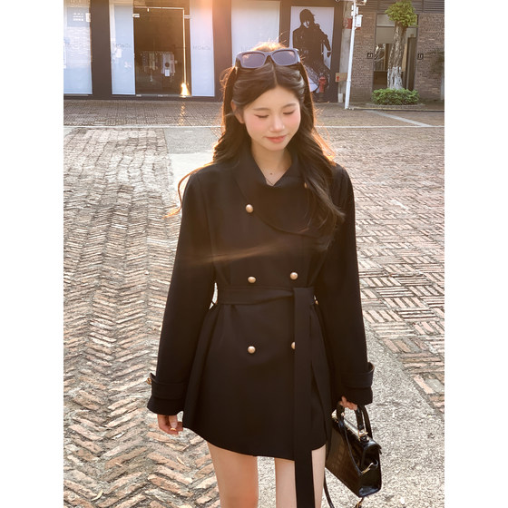 
Early autumn 2025 popular celebrity style internet celebrity popular slim scarf design black windbreaker jacket women's coat