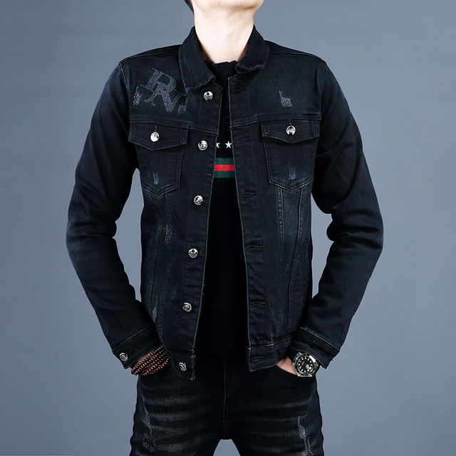 Summer high-end big-name denim suit men's trendy slim stretch black and ...