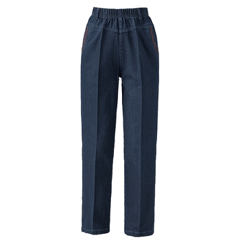 2025 Spring and Autumn Middle-aged and Elderly Women's Blue Fat Mom High Waist Deep Crotch Elastic Straight-Legging Trousers Plus Thicker