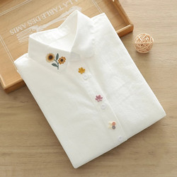 Pure Cotton Long-Sleeved Shirt for Women, New Spring and Autumn Style, Versatile Artistic Sunflower Embroidered Shirt, Student Casual Layered Top