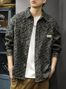 
New spring and autumn 2025 jacquard denim shirt men's washing lapel jacket thin high-end shirt jacket trendy