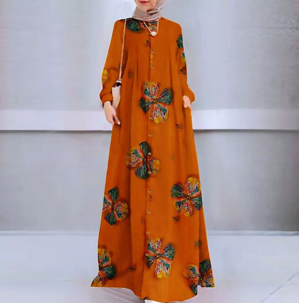 新品跨境外贸印花棉麻复古宽松长袖大摆连衣裙女Dubai robe dress-Taobao