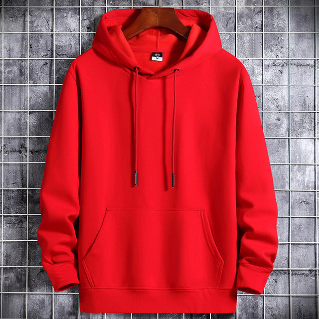 Hooded sweatshirt for men in autumn and winter for men and women, versatile loose solid color hoodie plus velvet couple coat, big red for the year of birth