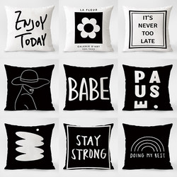 Pillow Sofa Living Room Black and White Geometric English Letters Guesthouse Lumbar Support Cushion Back Pillowcase Office Model Room