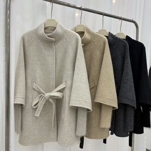 
2025 autumn and winter new double-sided cashmere coat mid-length fake two-piece knitted sleeves small loose wool jacket