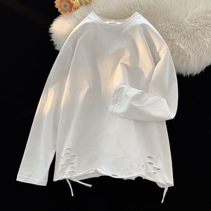 White inside with a hole in the bottom shirt men's spring and autumn 400g heavy cotton long -sleeved T -shirt tidal brand stack wearing guard clothes
