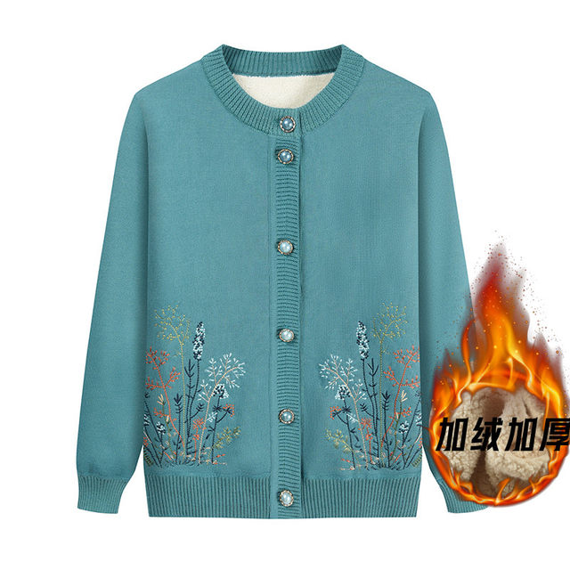 Elderly grandma sweater women's velvet 60-70-year-old mother's clothing old lady's knitted cardigan elderly autumn and winter coat