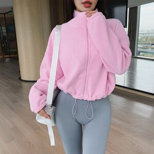 
2026 Drawstring Waist Polar Fleece Sports Sweater Jacket Women Stand Collar Long Sleeve Loose Warmth Thick Running Fitness