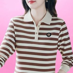 
Polo shirt, long-sleeved women's autumn new slim lapel high-end striped T-shirt sports and casual versatile top