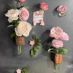 Solid Wood Creative Flower Arrangement Device, Refrigerator Magnet, Magnetic Decoration, Three-Dimensional Flower Planting and Cultivation, Glass Test Tube Vase, Personalized