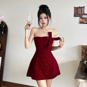 KLIOU New Year party retro atmosphere thin-shiny strapless dress for women sweet and spicy slim waist A-line skirt
