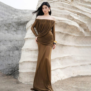 
KLIOU Fashionable Temperament Design Retro One Shoulder Dress Women's Pleated Slim Fit Hip Cover Long Skirt Trendy