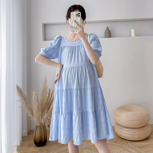 
Maternity wear summer new Korean style internet celebrity over-the-knee cover belly small fresh loose temperament pleated maternity dress