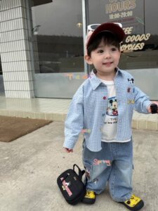 
HCB genuine spot spring style Korean version of Mickey plaid shirt for boys and girls, long-sleeved T-shirt, casual denim trousers