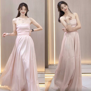 
Pink dress, women's long skirt, suspender skirt, slim and slim waist, high-end fairy skirt, floor-length gauze skirt