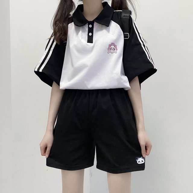 Original energetic girl's daily jk summer loose color-blocked shoulder-length sleeve lapel POLO shirt top T-shirt
