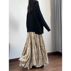 
Reading clothes technique in winter thick velvet black slimming skirt irregular long new Chinese printed long skirt
