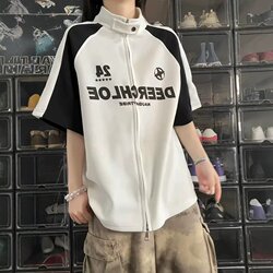 2026 Color-Blocked Jersey-Style Cardigan Short-Sleeve Men's American Heavy-Duty Stand-Up Collar Biker T-Shirt Design Sweatshirt Half-Sleeve