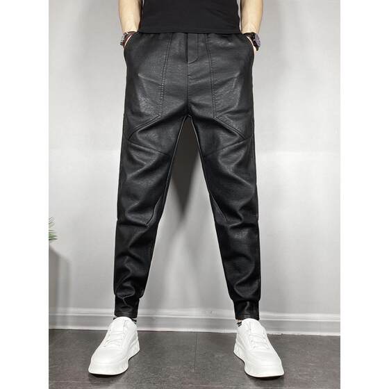 Men's versatile plus velvet thickened warm motorcycle windproof waterproof PU leather pants stretch slim-fitting little feet Harlen trousers
