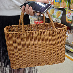 Rattan Woven Vegetable Basket Shopping Tote Basket Outdoor Picnic Basket Handmade Imitation Rattan Basket for Buying Groceries and Picking Fruits and Vegetables