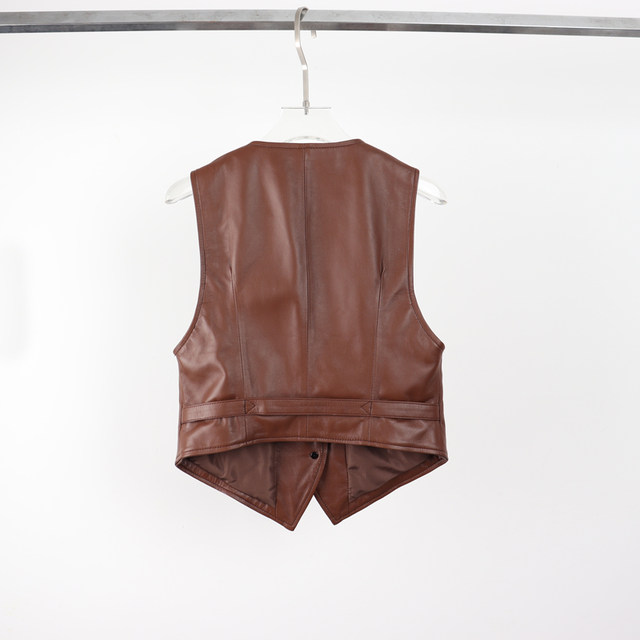 Sheepskin versatile and fashionable slim-fit coffee-colored vest Single ...