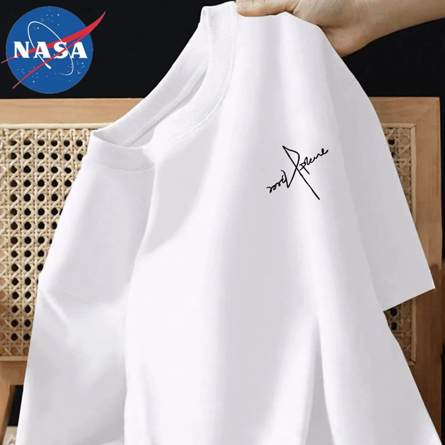 NASA joint brand 100% pure cotton white cartoon loose 2025 summer new solid color short-sleeved T-shirt for men and women
