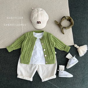 
Spring and Autumn Infant and Toddler Sweater Cardigan Spring Clothes for Boys and Girls Baby Pure Cotton Twist Green Versatile Sweater Jacket Trendy